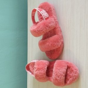 UGG "OH YEAH" Comfy Fluffy Hot Pink Lamb Fur Double Strap Slippers